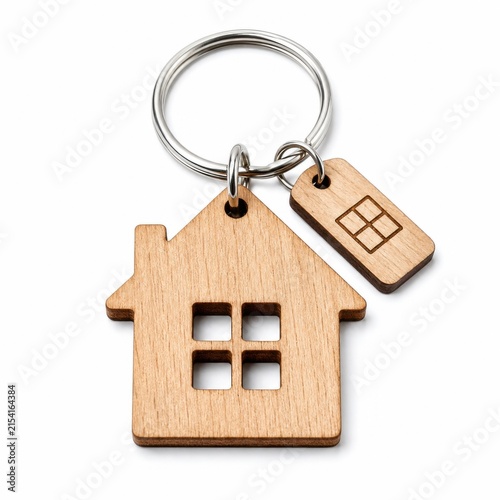 Wooden house shape keychain with a small tag isolated on white background