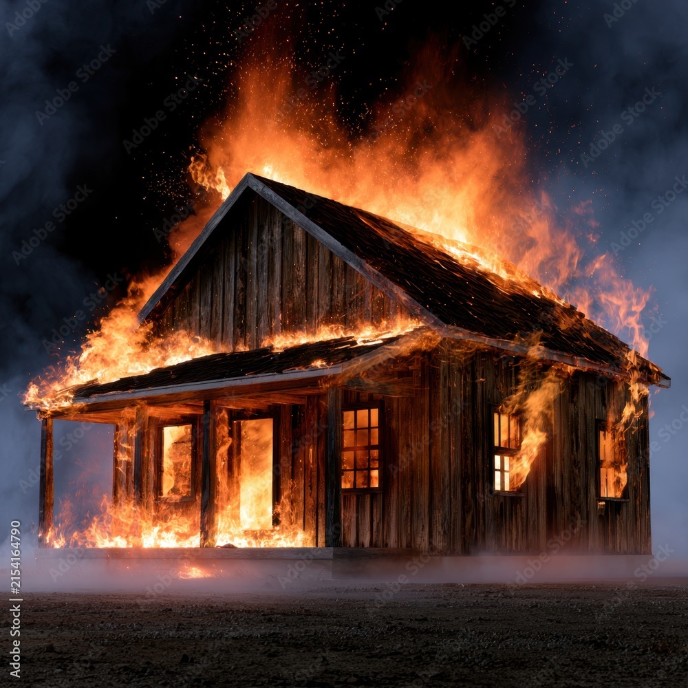Fototapeta premium Rustic wooden cabin engulfed in intense flames with smoke rising against dark night sky in dramatic fire scene
