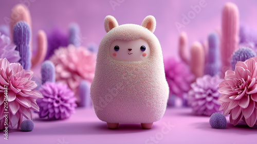 Cute fluffy pink alpaca character in a purple floral landscape