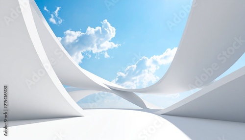 Futuristic white curved architecture under a bright blue sky, emphasizing symmetry, fluidity, and minimal design.