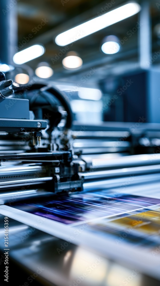 Fototapeta premium Industrial digital printer producing vibrant color prints in a modern manufacturing facility with blurred background and advanced machinery details