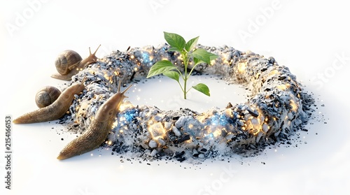 Gardener sprinkles natural wood ash to deter slugs and protect young plant seedlings outdoors