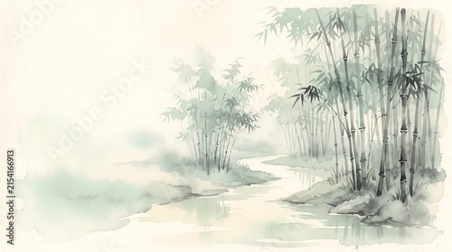 Bamboo forest with winding stream in misty landscape traditional Chinese ink wash painting concept
