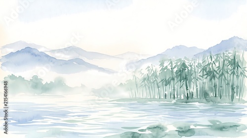 Serene misty mountain lake with bamboo grove traditional watercolor ink wash painting concept
