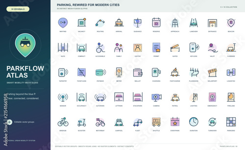 Various simple geometric shapes and icons representing parking spots in a grid format with a modern minimalist style