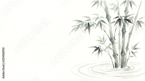 Minimalist bamboo stalks rising from tranquil water with ripples traditional Chinese ink wash painting concept
