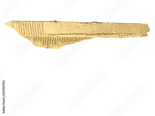 Torn piece of gold corrugated cardboard isolated on white background