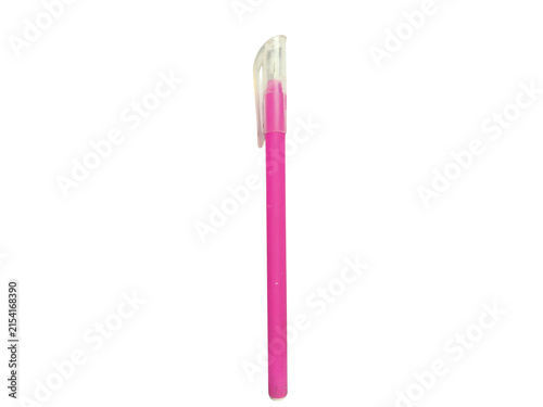 Single pink gel pen with clear cap isolated on white background