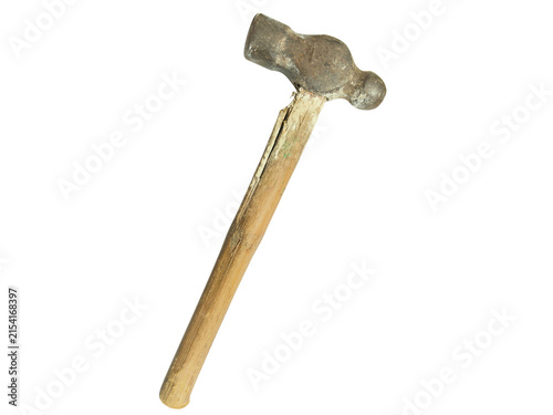 Old broken ball-peen hammer with cracked wooden handle isolated on white background