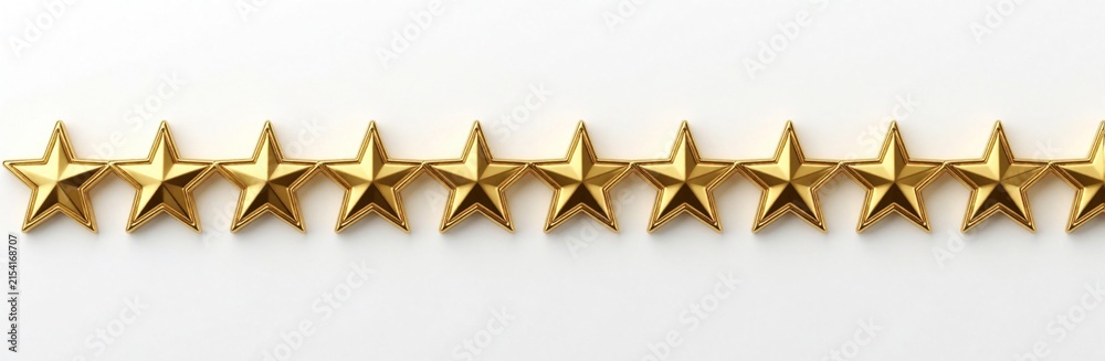 Fototapeta premium Seven glossy golden five pointed stars in straight horizontal row on white background. Shiny metallic icons represent high rating, premium quality, best customer review, top success five star service
