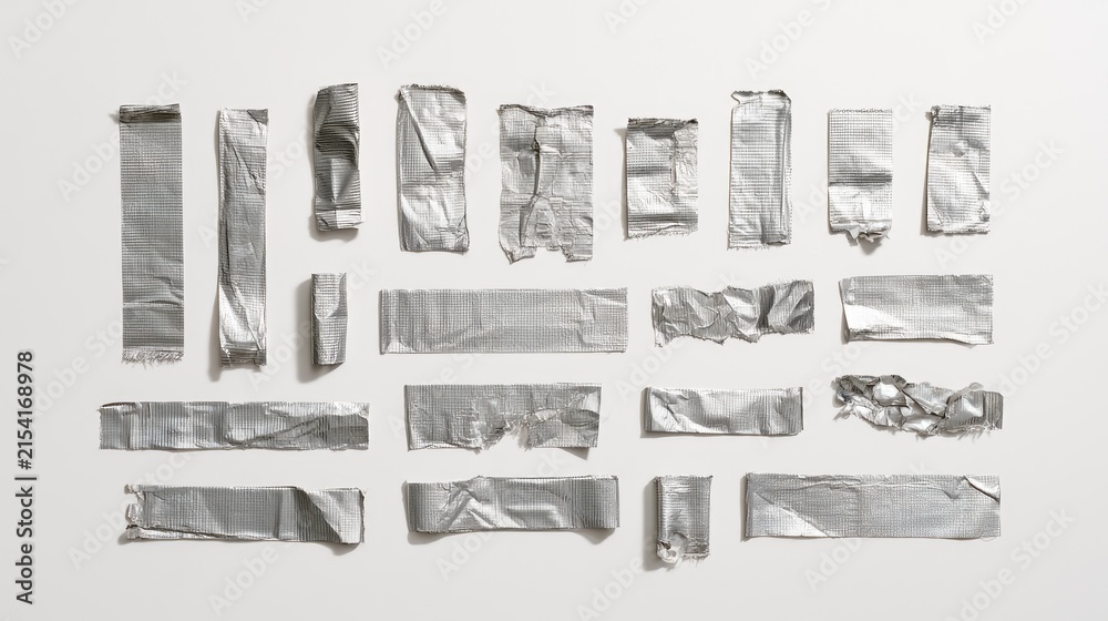 Fototapeta premium Collection of Silver Duct Tape Strips on White Background.
