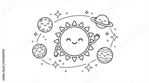 Cute cartoon sun and planets in space coloring page
