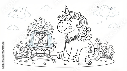 Cute unicorn sitting by a magical water fountain in a garden