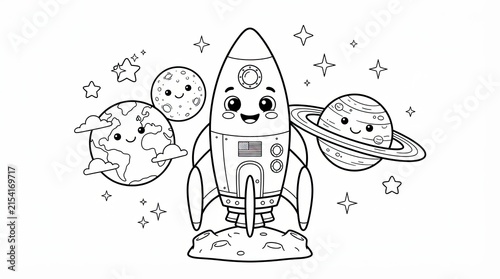 Cute cartoon rocket ship with planets and stars for kids coloring page