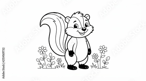 Cute cartoon skunk standing in a flower garden coloring page for kids