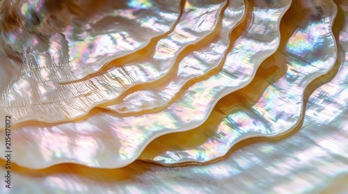 Macro view of layered mother-of-pearl shell interior shows iridescent colors. Natural wavy organic pattern creates a beautiful background for luxury and beauty themes.