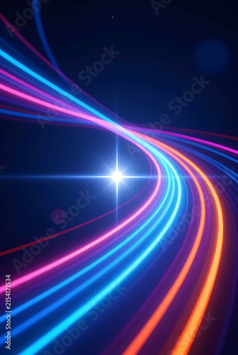 Abstract light trails with a bright starburst form a dynamic colorful vector illustration acceleration afterglow azure celestial chromatic curve digital energy flare flow futuristic