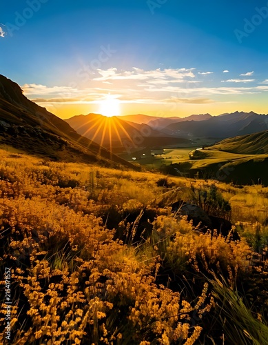 Breathtaking sunset over the majestic Swiss Alps mountain range.