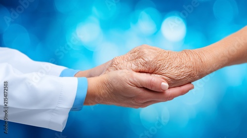 3D illustration of a nurse hands supporting an elderly woman hands with visible arthritis symptoms. Clean blue medical background with professional studio lighting. The composition emphasizes 