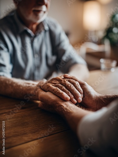 up of a caregiver hands performing a gentle hand massage for an elderly man in a peaceful home care setting. Warm wooden table background with soft focus on the surroundings. High resolution 