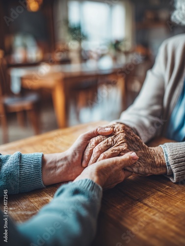 up of a caregiver hands performing a gentle hand massage for an elderly man in a peaceful home care setting. Warm wooden table background with soft focus on the surroundings. High resolution 
