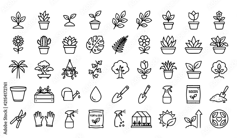 Fototapeta premium Minimalist Plant Care Thin Line Icons with Gardening Nature and Botanical Web Symbols