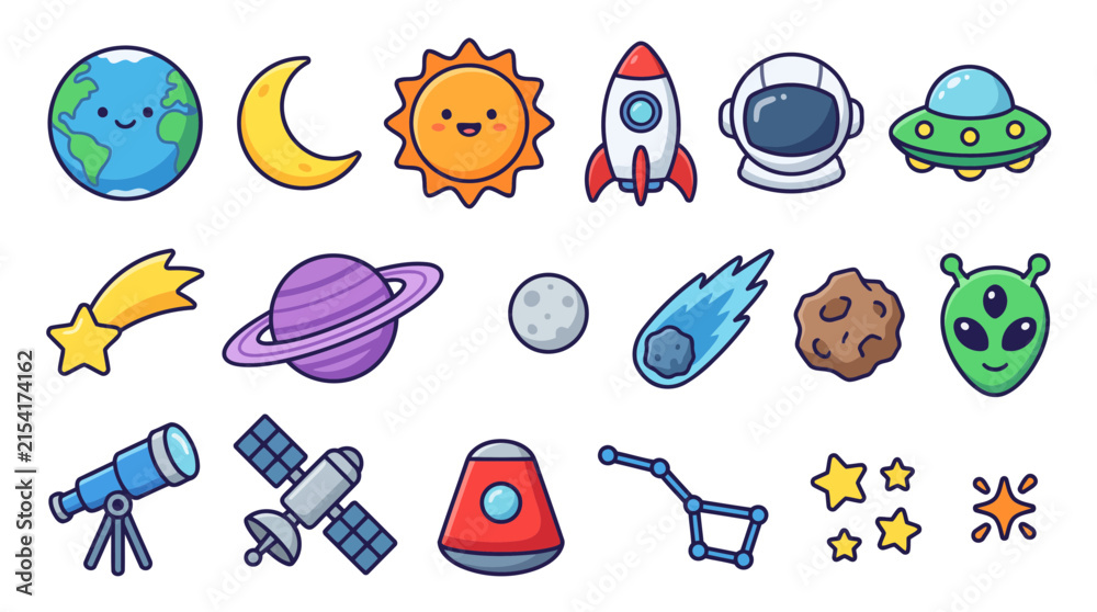 Fototapeta premium Kawaii Space Planets Rocket and Astronaut Sticker Bundle Vector