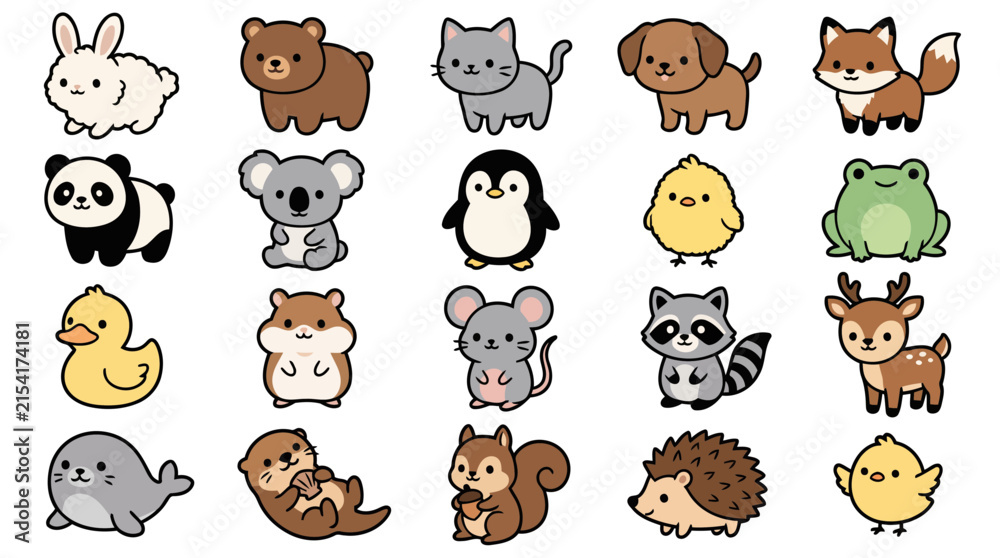 Obraz premium Kawaii Cute Animals Sticker Bundle Flat Vector Collection