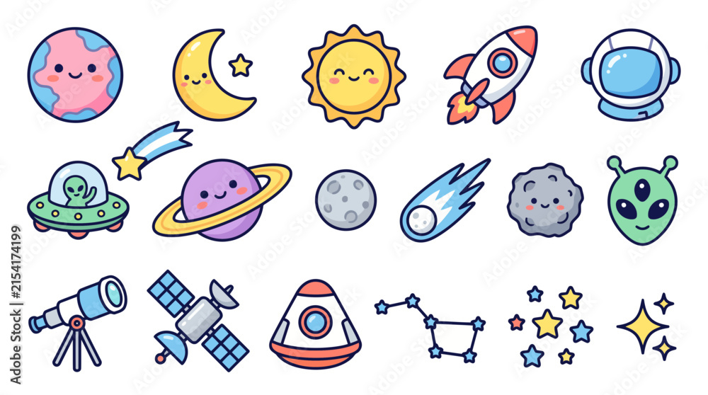 Fototapeta premium Kawaii Space Planets Rocket and Astronaut Sticker Bundle Vector