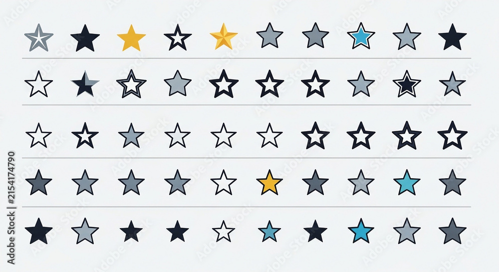 Fototapeta premium Large set of star rating icons in various styles colors and fills for user feedback or ranking systems with feedback collection interface