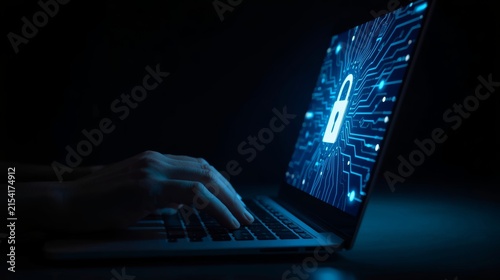 Hands typing on laptop displaying glowing digital lock icon with illuminated blue circuit background with emphasizing digital security technology