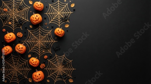 Halloween dark background with golden spider web and pumpkins