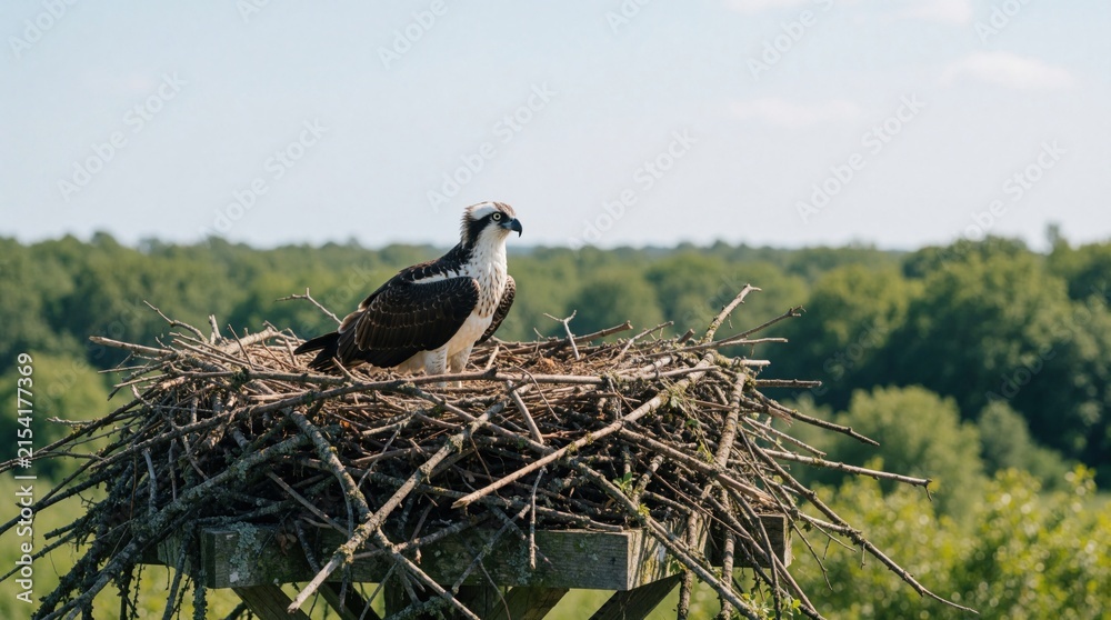 Obraz premium Osprey bird rests in large twig nest. Adult raptor watches alertly with sharp eyes. Forested landscape with trees and clear blue sky forms background.