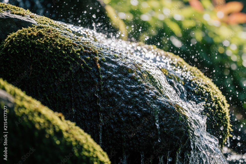 Obraz premium Close up of clear water flowing over green mossy rocks. Fresh spring stream splashes in sunlight. Natural river landscape features wet stones, rich forest vegetation. Peaceful outdoor scene with
