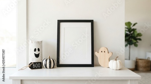 Minimalist autumn shelf with empty photo frame and ghosts