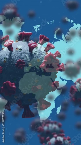 Multiple covid19 cells floating against world map on blue background