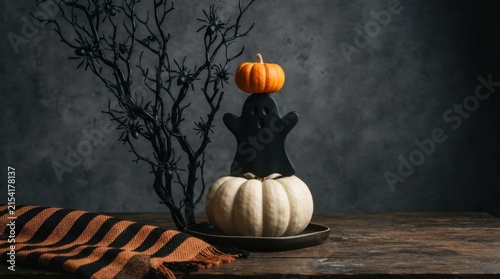 Spooky ghost silhouette on pumpkin on dark background