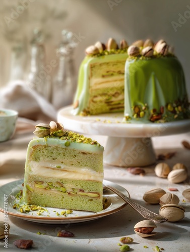 Ultra realistic close photograph of pistachio torta, rich dessert