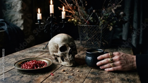 Gothic table with skull and candles