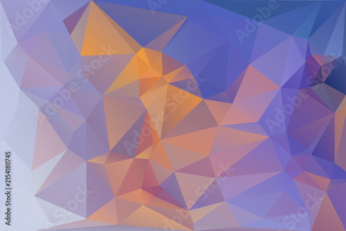 Abstract low poly background featuring dynamic composition of geometric triangles in cool blue, periwinkle, lavender, orange, and warm peach tones. Polygonal triangular texture creates a vibran