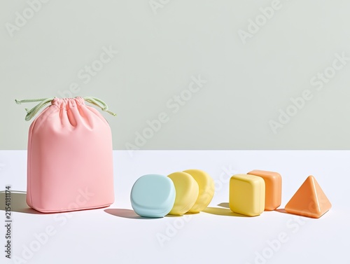 Pink Pouch with Colorful Geometric Shapes on White Surface.