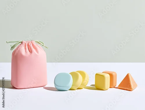 Fototapeta na wymiar Pink Pouch with Colorful Geometric Shapes on White Surface.
