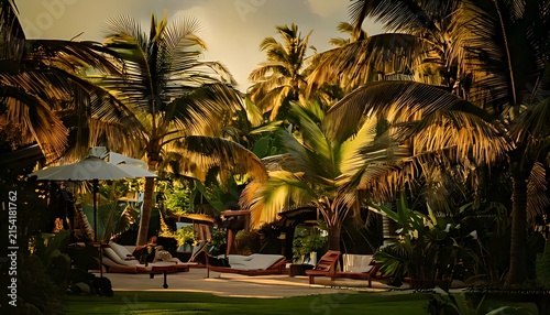 Luxurious Tropical Resort Poolside Relaxation Area at Sunset.