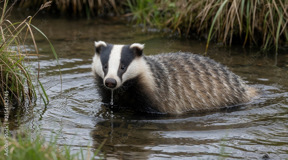 Obraz premium Wild badger walks through shallow water. This mammal has black and white stripes on its face and fur. It drinks water from a cool stream surrounded by green grass and reeds.