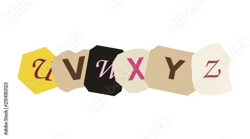Letters u v w x y z on colorful paper shapes