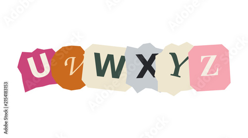 Alphabet letters u v w x y z on colorful paper scraps