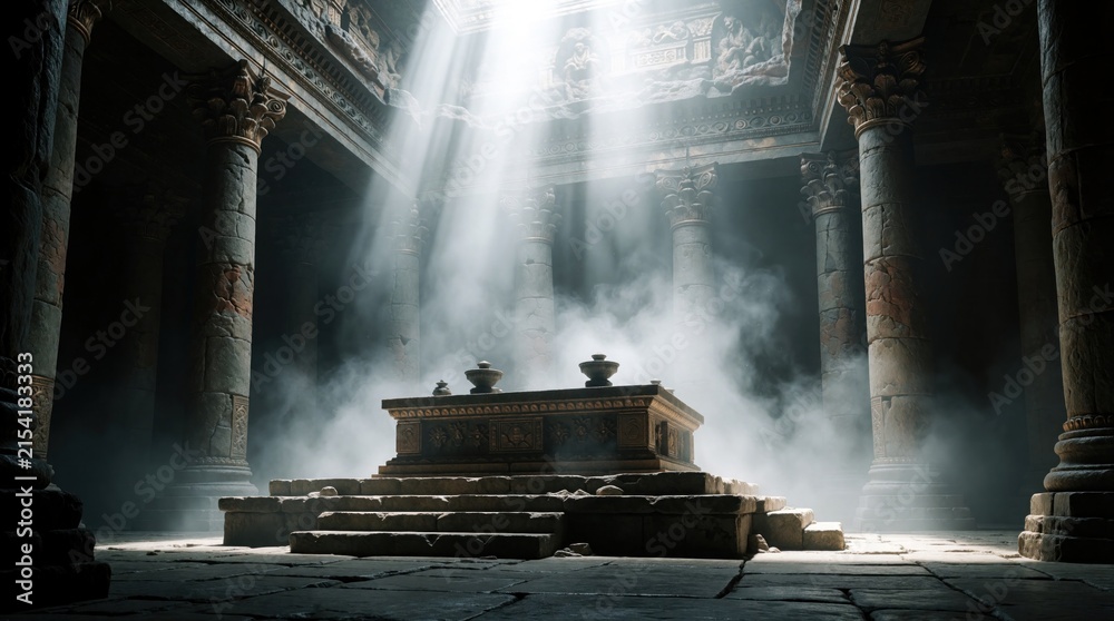 Fototapeta premium Ancient stone temple interior with massive columns, central altar. Bright sunbeams shine through thick mist, smoke. Mysterious atmosphere fills sacred hall with light, shadow. Historical architecture