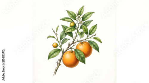 Botanical illustration of a citrus orange tree branch with ripe fruits and green leaves on white background