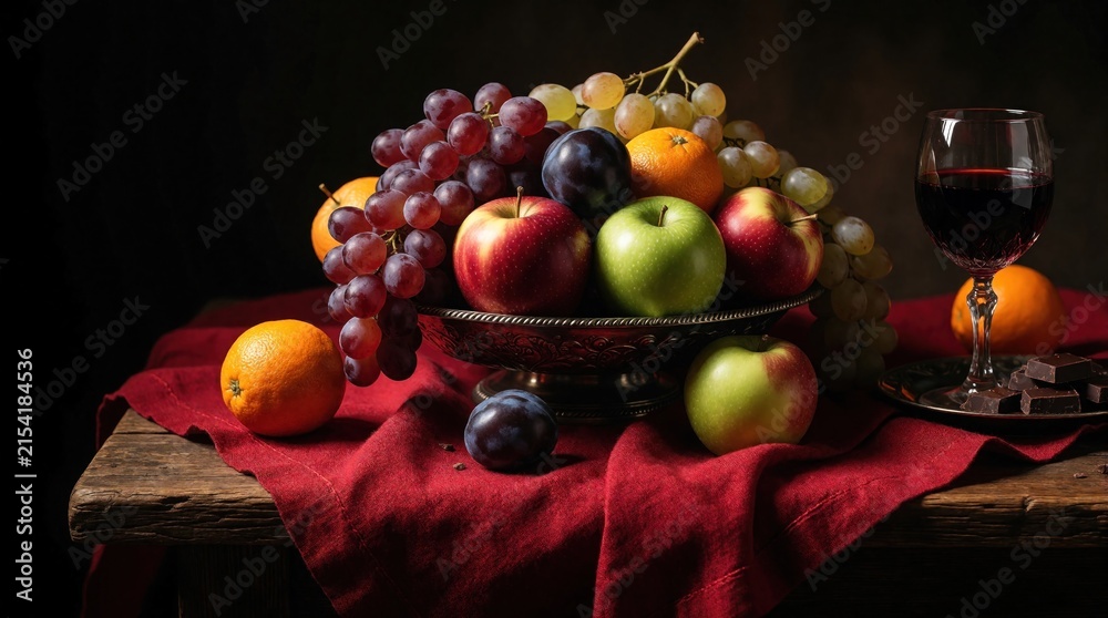 Fototapeta premium Still life featuring fresh fruit assortment in bowl, glass of red wine. Apples grapes oranges plums, chocolate pieces arranged on red cloth over wooden table. Rich colors, shadows create luxurious