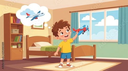 Little boy playing with toy plane in bedroom and dreaming of flying airplane vector illustration